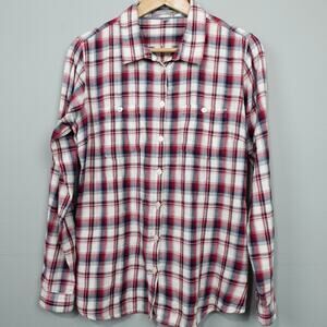 Horny Toad Flannel Tunic Top Sz S Red Cream Plaid Gathered Back Shirt Pockets LS